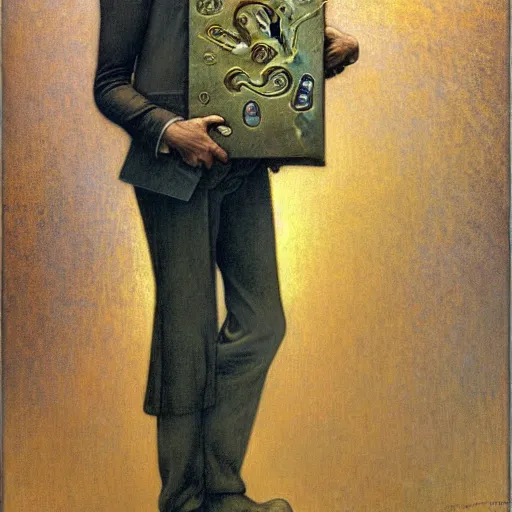 Image similar to realistic extremely detailed portrait painting of. an average. man with his. briefcase .in his. left hand . by Jean Delville, Amano, Yves Tanguy, Alphonse Mucha, Ernst Haeckel, Edward Robert Hughes, Roger Dean, pale muted pastel moody colors, gold eyes