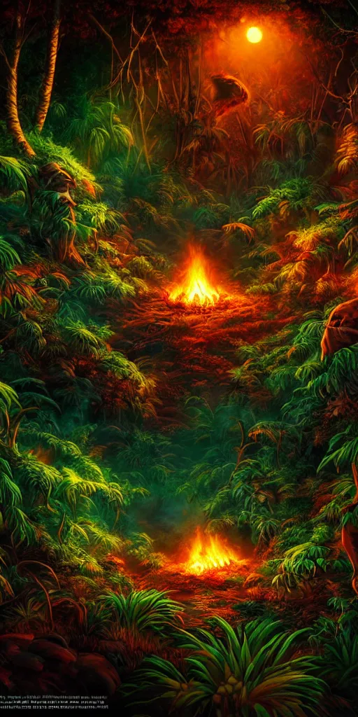 Prompt: highly detailed realistic photo of bonefire in dark night jungle, vibrant colors, award winning masterpiece photography, hyper realistic, concept art, 8 k detail post - processing