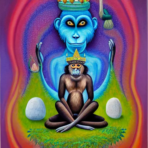 Prompt: an anthromorphic monkey man wearing a crown meditating in a zen garden with a waterfall, by amanda clark and amanda sage in a psychedelic style, oil on canvas