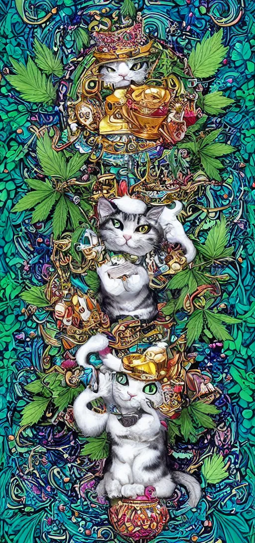 Image similar to ”happy smiling cat holding a marifuana weed, marijuana leaves and joints and bongs swirling in the background, [ultra detailed, contrast, ornate and intricate, art by joe fenton]”