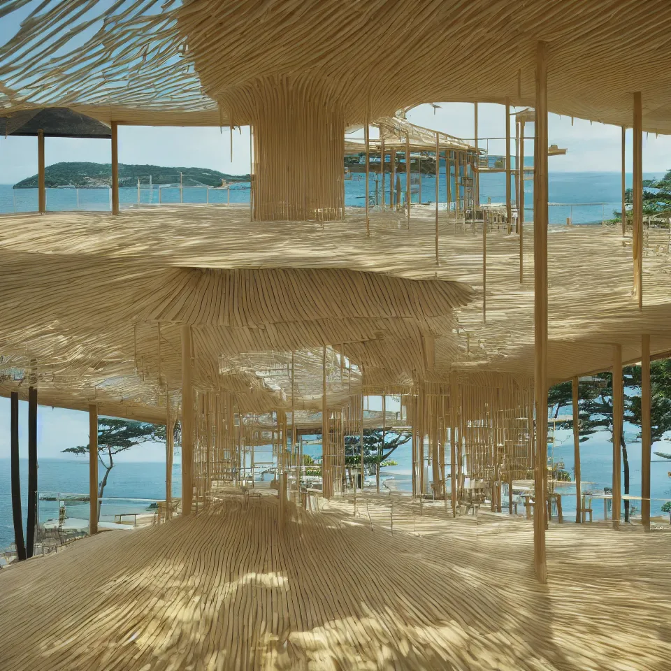 Image similar to architecture ad for a mid-century modern house on the beach, designed by Kengo Kuma. Film grain, cinematic, yellow hue