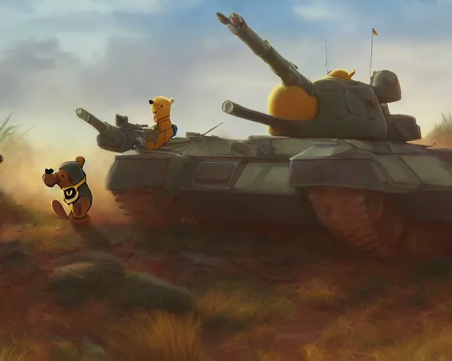 Image similar to defiant winnie the pooh sitting down on road blocking chinese tanks, soldiers approaching, award winning photography, extremely detailed, artstation, 8 k, dramatic lighting