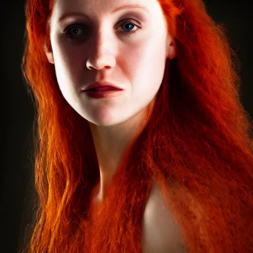 Image similar to a highly detailed headshot portrait of a beautiful red haired woman wearing a dress made of fire concept art