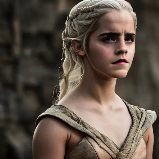 Image similar to Emma Watson as Daenerys Targaryen, XF IQ4, f/1.4, ISO 200, 1/160s, 8K, Sense of Depth, color and contrast corrected, Nvidia AI, Dolby Vision, in-frame