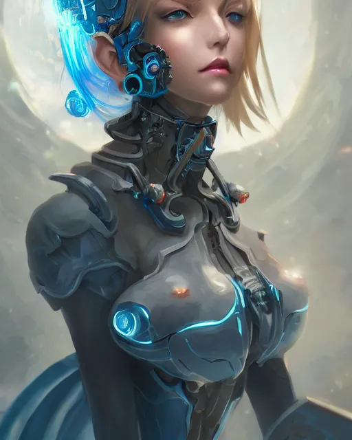 Prompt: holy cyborg necromancer girl, elegant, perfect face, scifi, futuristic, utopia, garden, illustration, atmosphere, top lighting, blue eyes, white hair, focused, artstation, highly detailed, art by yuhong ding and chengwei pan and serafleur and ina wong