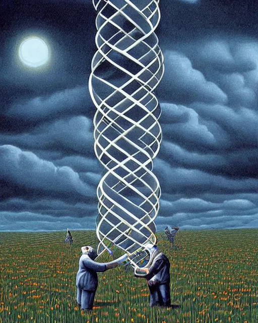 Prompt: in a field, two scientists in lab coats encounter a monster shaped like the DNA double helix, stormy weather, by Rob Gonsalves, dark