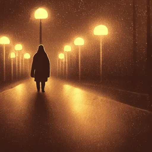 Image similar to an orange tabby cat walking on a sidewalk, it is night and raining, bushes in the background, street lamps are illuminating the street, moody lighting, peaceful atmosphere, digital art, highly detailed, high contrast, beautiful lighting, award winning, trending on art station, 8 k,