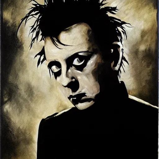 Image similar to stunning portrait of gaunt joe strummer a ( the cure fan ) as dream from sandman, dim stars as eyes, by jeremy mann, by cedric peyravernay, by by russ mills, by richard avedon and ben templesmith, dramatic lightning, sadness, dark eye sockets, in the shadows, punk rock, gothic, high detailed, 8 k