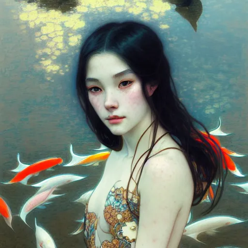 Image similar to Portrait of a girl surrounded by Koi fish, face, fantasy, intricate, elegant, highly detailed, digital painting, artstation, concept art, smooth, sharp focus, illustration, art by Dapeng song and Artem Demura and alphonse mucha
