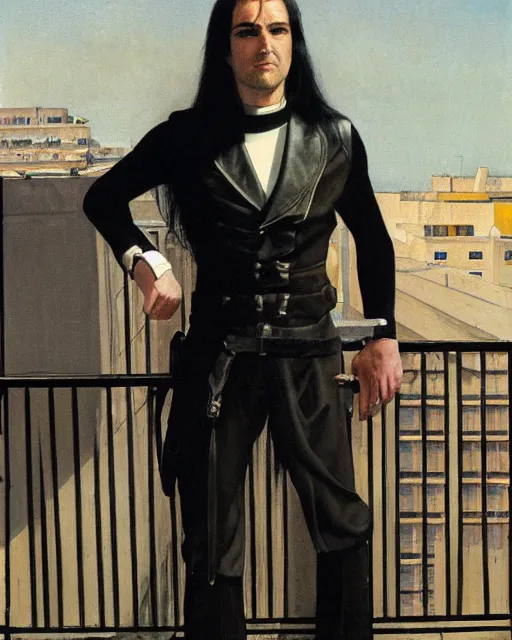 Image similar to rhett sarlin leaning against the rail on a balcony on coruscant, very long black hair brought back into a ponytail, black leather vest, portrait by ralph mcquarrie