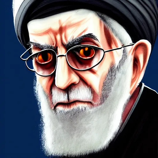 Prompt: potrait of khamenei looking like demon, miserable, horror, dark high detail, sharp high detail, artstation
