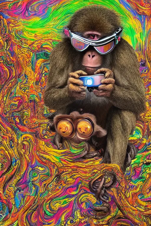 Prompt: a high hyper detailed painting with many intricate textures of a cave monkey wearing virtual reality goggles in a spiritual psychedelic cosmos