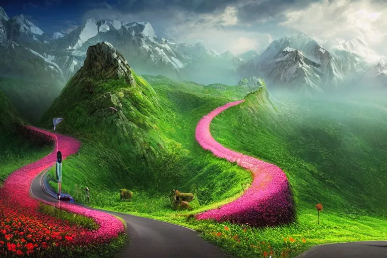 Prompt: road to the mountains in the elf forest, fantasy, beautiful landscape, many flowers after rain, Igor Morski