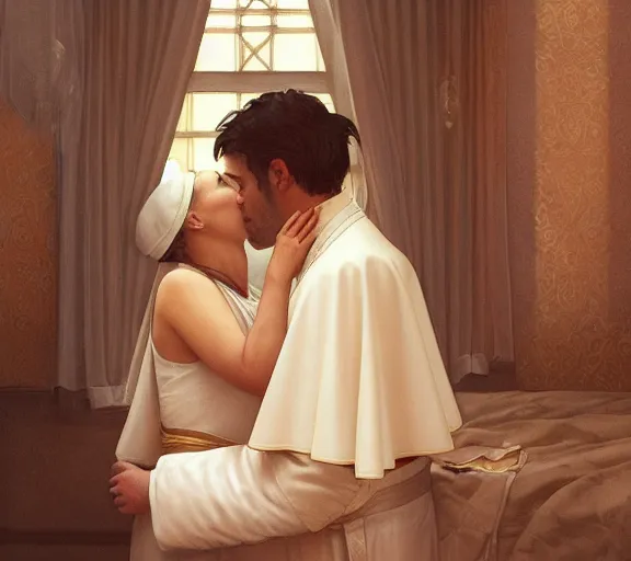 Image similar to photography of a pope kissing a sensual woman in a bedroom, deep focus, elegant, highly detailed, digital painting, artstation, concept art, matte, sharp focus, illustration, art by artgerm and greg rutkowski and alphonse mucha