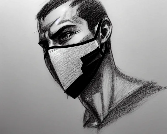 Image similar to draft drawing of a european man covering face with mask, draft sketch, thin stroke, trending on artstation, context art, pencil sketch, high detail