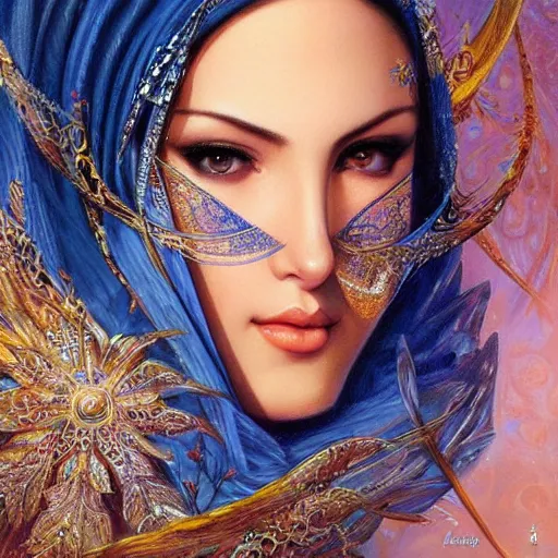 Prompt: a beautiful arabian woman by karol bak, ayami kojima, artgerm, arabian beauty, blue eyes, smile, concept art, fantasy