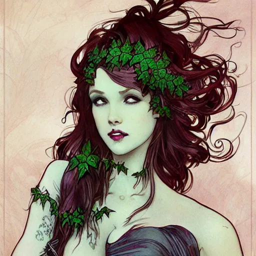 Image similar to a beautiful and detailed matte painting of a poison ivy dressed casually in clothes from hot topic, food court in a mall, dark eyeliner, intricate, elegant, highly detailed, digital painting, artstation, concept art, matte, sharp focus, illustration, art by rebecca guay and by arthur rackham and by alphonse mucha and by john william waterhouse