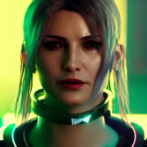 Image similar to female V from Cyberpunk 2077 wearing spiked black collar around neck, realistic, art, beautiful, 4K, HD, collar, choker, collar, choker, punk, artstation, wallpaper,