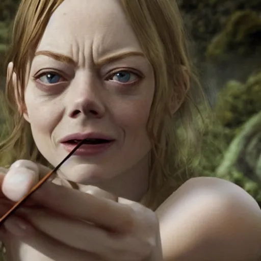 Prompt: emma stone gollum holding the one ring, looking at the ring from lotr, the one ring to rule them all, 8k detail, hyper realistic, cinematic camera