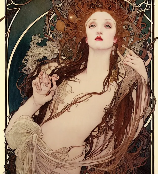 Prompt: witch by alphonse mucha, ayami kojima, yoshitaka amano, charlie bowater, karol bak, greg hildebrandt, jean delville, and mark brooks, art nouveau, pre - raphaelite, neo - gothic, gothic, art nouveau, intricate fine details, exquisite, rich deep moody colors, beautiful detailed background