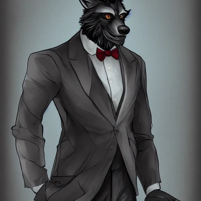 Image similar to a handsome werewolf boyfriend in a dapper suit, furry art, trending on artstation, 8 k