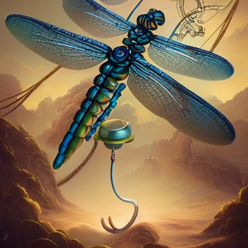 Prompt: hyperreal ultra detailed intricate mechanical clockwork dragonfly by peter mohrbacher and dan mumford, cgsociety, volumetric light