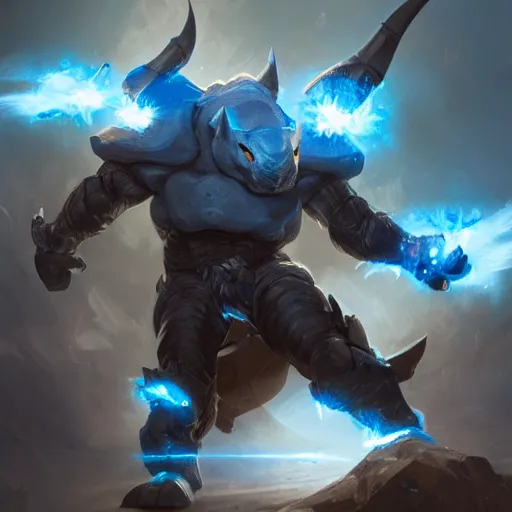 Prompt: An anthropomorphic blue rhino wearing galactic battle armor, action pose, highly detailed, digital painting, artstation, concept art, smooth, sharp focus, studio light, by Justin Gerard and Jason Chan and riot studios,