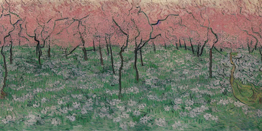Prompt: a peach blossom forest, the fallen flowers are colorful, the forest runs out of water, there is a mountain, and the mountain has a small mouth, as if there is light. by Vincent van Gogh