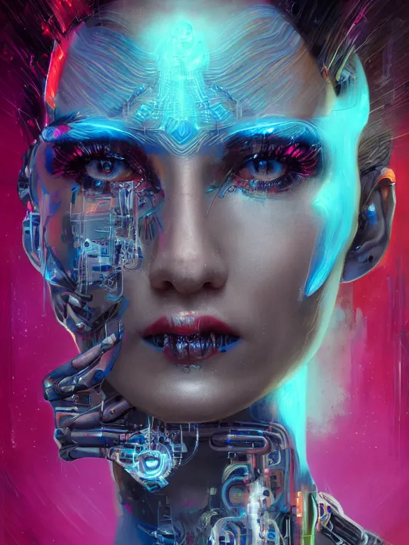 Image similar to art portrait cybernetic woman,8k,by tristan eaton,Stanley Artgermm,Tom Bagshaw,Greg Rutkowski,Carne Griffiths,trending on DeviantArt,face enhance,hyper detailed,minimalist,cybernetic, android, blade runner,full of colour,