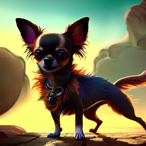 Prompt: a transcendent chihuahua with three eyes living in an extradimensional reality, in the style of wlop, illustration, epic, fantasy, hyper detailed, smooth, unreal engine, sharp focus, ray tracing, physically based rendering, renderman, beautiful