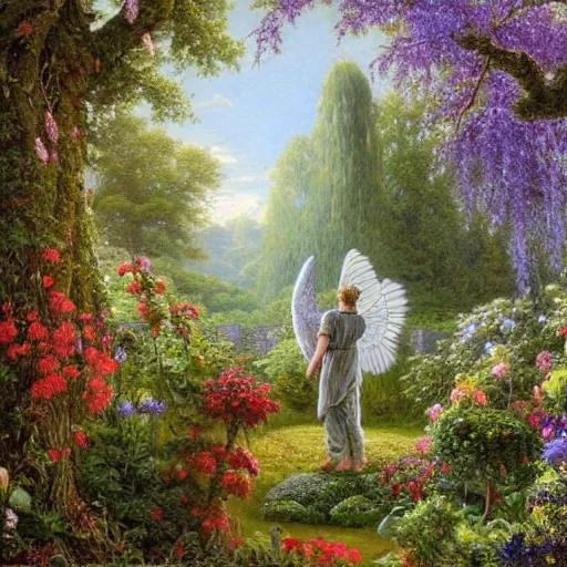 Image similar to a majestic winged male garden angel with a beard made of moss, he is clothed in vines and flowers standing in front of a beautiful cottage, an oil painting by thomas canty and thomas kincade
