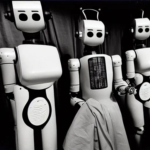 Image similar to robots on the backstage of a punk rock concert by robert mapplethorpe