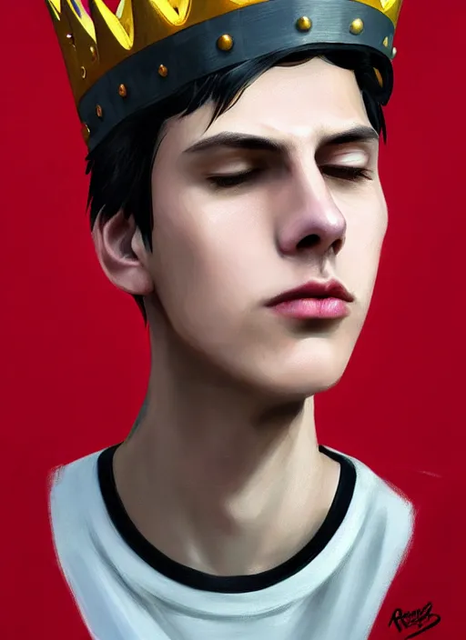 Image similar to portrait of teenage jughead jones wearing a light grey crown, photorealistic, crown, crown with badges on it, crown with red and white pin badge, eyes closed, crown, black hair, intricate, elegant, highly detailed, digital painting, artstation, concept art, smooth, sharp focus, illustration, art by wlop, mars ravelo and greg rutkowski