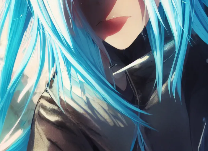 Image similar to rimuru with sky blue straight hair, bangs, amber eyes, gold eyes, wearing a black studded jacket, high collar, ultra detailed, concept art, mean look, award winning photography, digital painting, cinematic, by wlop, anime key visual, closeup, pixiv, 8 k, yoshitaka amano, ilya kuvshinov,