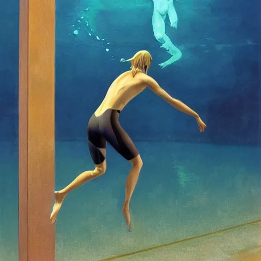 Image similar to a blond lifeguard in a wetsuit jumping into the pool. Makoto shinkai. Repin. Phil Hale