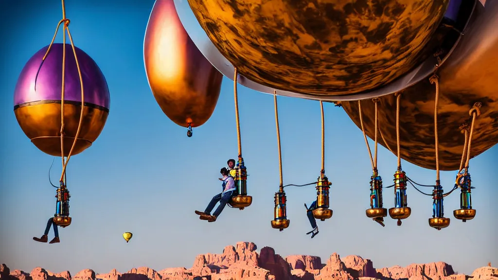 Prompt: large colorful futuristic space age metallic steampunk balloons with pipework and electrical wiring around the outside, and people on rope swings underneath, flying high over the beautiful ancient desert city landscape, professional photography, 8 0 mm telephoto lens, realistic, detailed, photorealistic, photojournalism