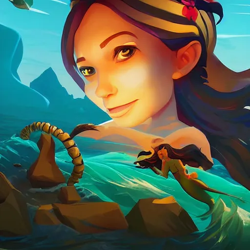 Image similar to painting mermaid treasure on sea of thieves game avatar hero smooth face median photoshop filter cutout vector, behance hd by jesper ejsing, by rhads, makoto shinkai and lois van baarle, ilya kuvshinov, rossdraws global illumination