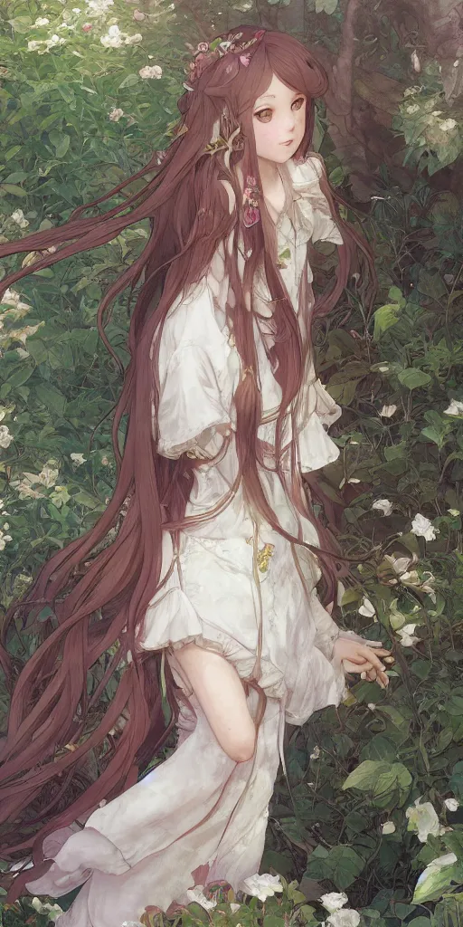 Image similar to a digital art of a loli with long hair in a dress in the privet garden at after noon, by krenz cushart and mucha and akihito yoshida and greg rutkowski, detailed eyes, 4 k resolution 、 trending on art station