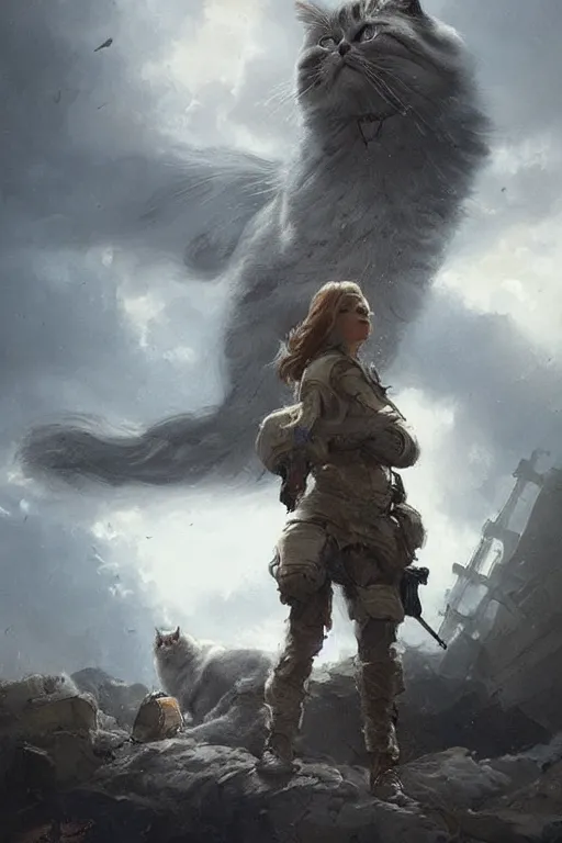 Prompt: a female sodier with a head of a british longhair cat in the war, epic scene, by greg rutkowski