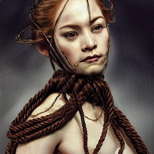 Image similar to portrait of a Shibari rope wrapped face and neck, headshot, insanely nice professional hair style, dramatic hair color, digital painting, of a old 18th century, traveler, amber jewels, baroque, ornate clothing, scifi, realistic, hyperdetailed, chiaroscuro, concept art, art by Franz Hals and Jon Foster and Ayami Kojima and Amano and Karol Bak,