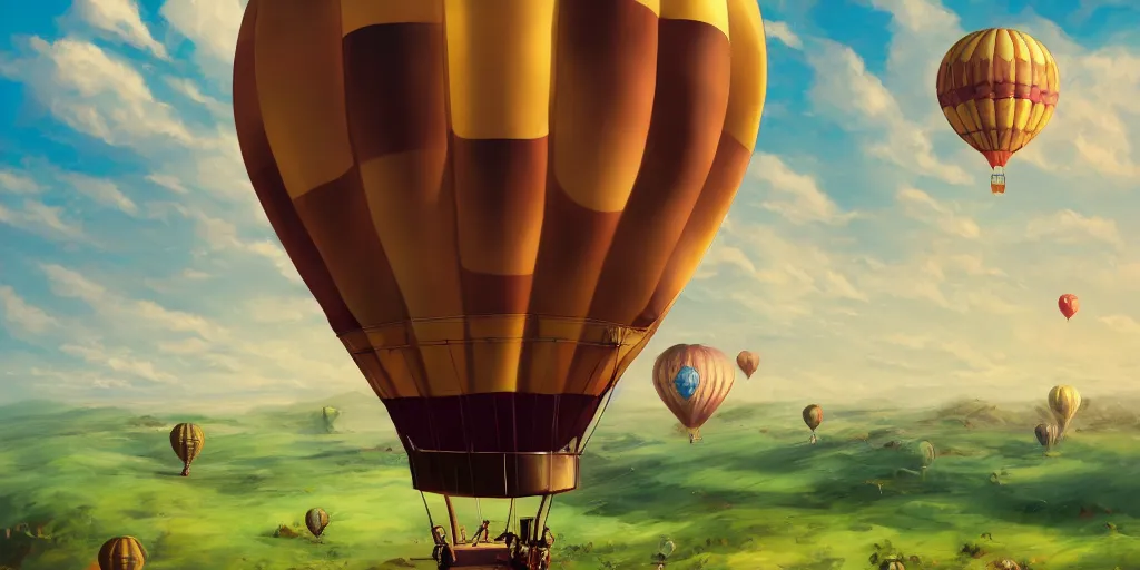 Prompt: one steampunk hot air balloon, floating over a grassy chocolate - shaped hills, magical, colorful, fantastic lighting, amazing details, 4 k uhd, illustration by hayao miyazaki style, artstation, pixiv, pixels