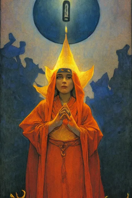 Image similar to child of darkness with her crown and lantern, by Nicholas Roerich and Annie Swynnerton and and jean delville, dramatic cinematic lighting , ornate headdress , flowing robes, sacred artifacts, lost civilizations, smooth, sharp focus, extremely detailed