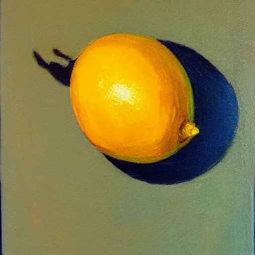 Image similar to a painting of a lemon on fire, hovering and glowing