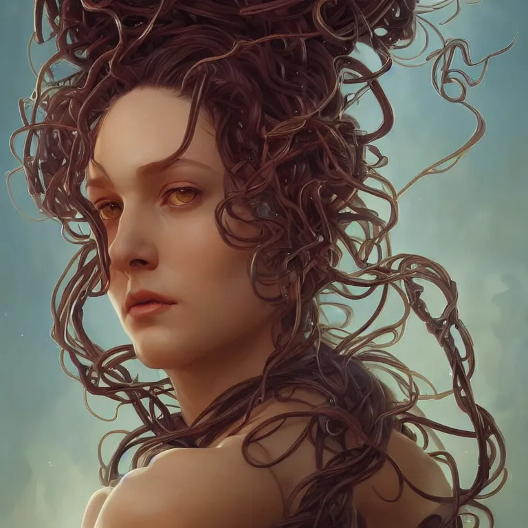 Prompt: a portrait of medusa, headshot, highly detailed, digital painting, artstation, concept art, sharp focus, cinematic lighting, illustration, art by artgerm and greg rutkowski, alphonse mucha, cgsociety