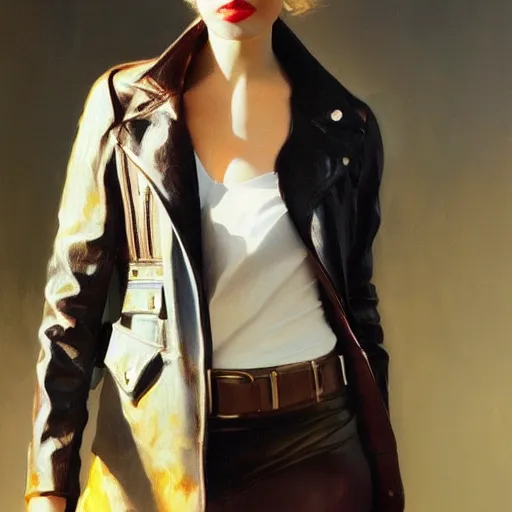 Image similar to fashion model with leather jacket painted by leyendecker, oil painting, 4 k, detailed, artstation