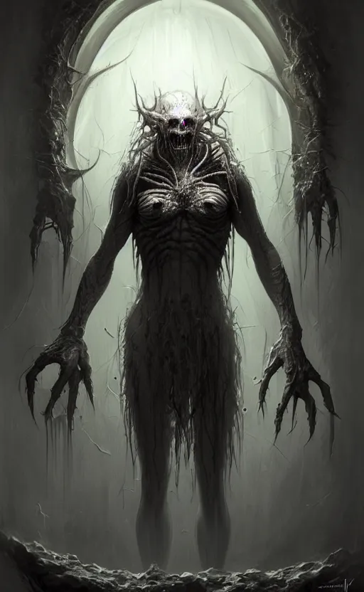 Image similar to beautiful digital fantasy illustration of a creepy creature standing in front of a mirror, concept art by Alex Horley-Orlandelli, cgsociety contest winner, gothic art, official art, concept art, #vfxfriday, cgsociety, fantasy art, highly detailed, soft lighting, rendered in octane, masterpiece, very very very aesthetic