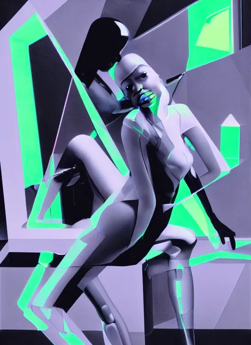 Image similar to futuristic lasers tracing, data visualization, laserpunk fullbodysuit,, pyramid visor, raindrops, wet, oiled, beautiful cyborg girl pinup, by steven meisel, kaws, rolf armstrong, cubist perfect geometry abstract acrylic, hyperrealism photorealistic airbrush collage painting, monochrome, neon fluorescent colors, minimalist rule of thirds, eighties eros