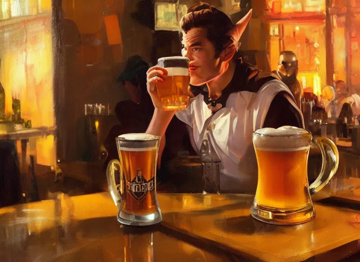 Prompt: greg manchess still - life painting of a delicious mug of beer in an orcish dieselpunk bar, close - up, organic painting, matte painting, bold shapes, hard edges, street art, trending on artstation, by huang guangjian and gil elvgren and sachin teng