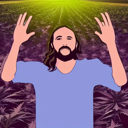 Image similar to jesus spreads his hands against the background of growing cannabis. realistic render