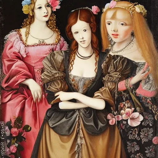 Image similar to renaissance, baroque oil painting of a group of creepy young ladies wearing renaissance long harajuku manga dress with flowers and skulls, background chaotic flowers